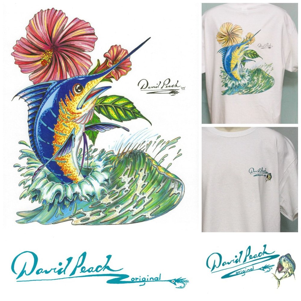 Colorful Fishing T-Shirt Pink Hibiscus Flower Sailfish Marlin in Ocean Surf LgXL